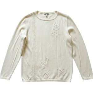 DLG long-sleeve knit pullover sweater Delicate embroidered floral Rosette Sz L